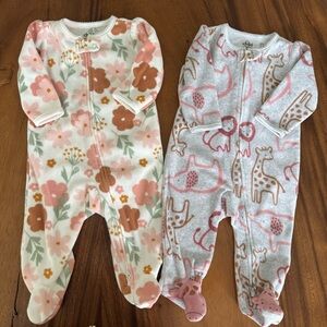 Floral and Animal Print Set of 2 Baby Girl Fleece Footed Pajama One Piece